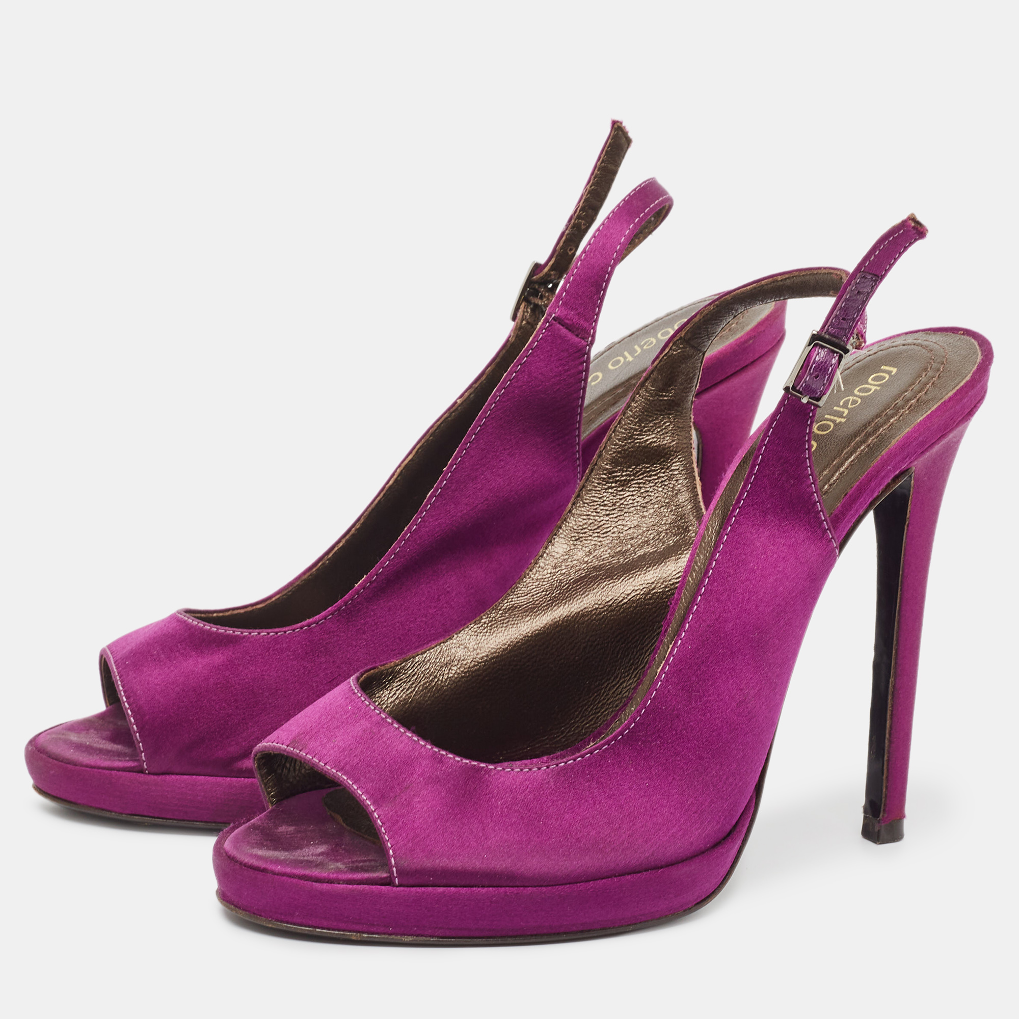 Roberto Cavalli Purple Satin Open Toe Platform Pumps Size 36