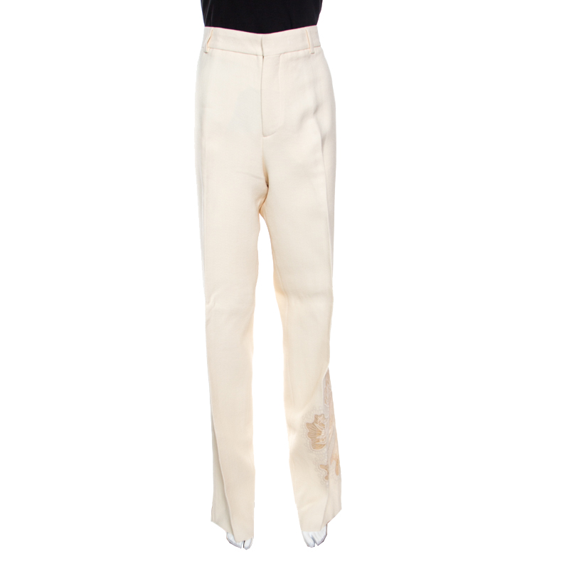 Rochas Cream  Floral Embroidered Mesh Detail Tailored Trousers XL