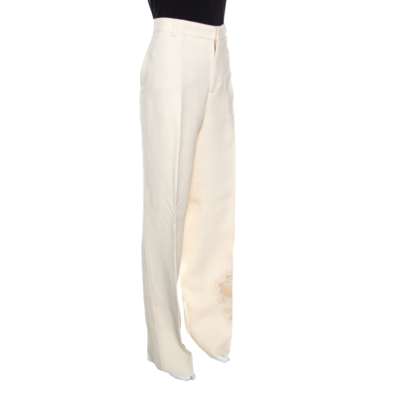 Rochas Cream  Floral Embroidered Mesh Detail Tailored Trousers XL