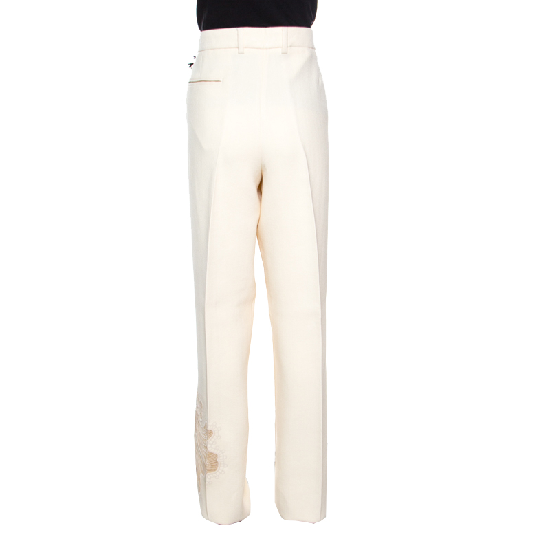 Rochas Cream  Floral Embroidered Mesh Detail Tailored Trousers XL