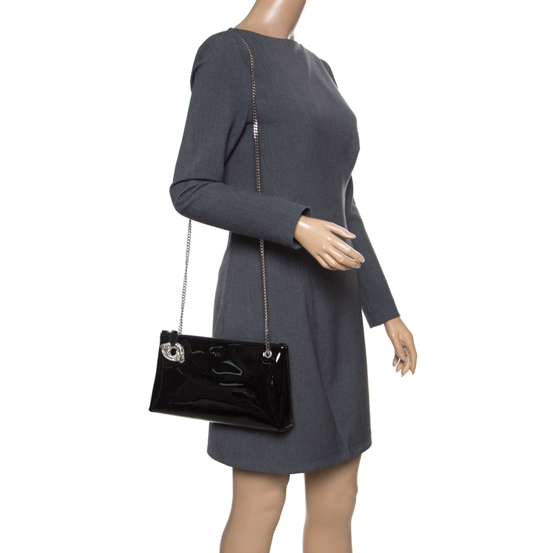 Rochas Black Patent Leather Crystal Embellished Eye Shoulder Bag 
Rochas Black Patent Leather Crystal Embellished Eye Shoulder Bag