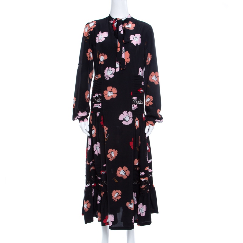 Rochas black floral printed silk lace trim pintuck detail midi dress m