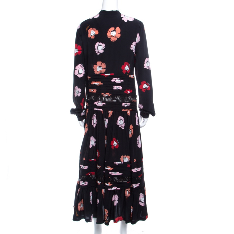 Rochas Black Floral Printed Silk Lace Trim Pintuck Detail Midi Dress M