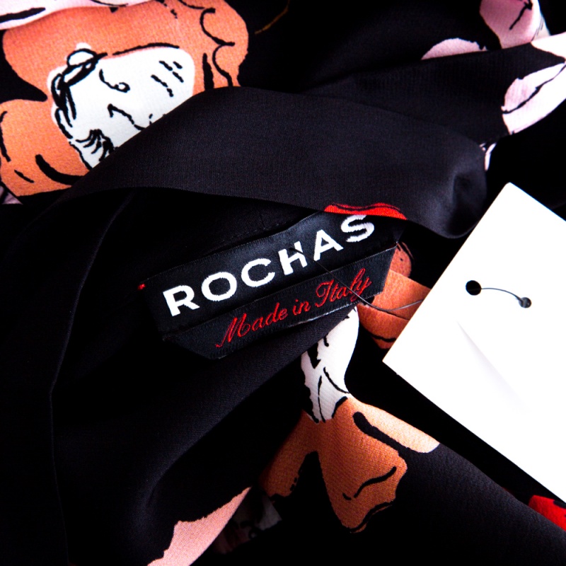 Rochas Black Floral Printed Silk Lace Trim Pintuck Detail Midi Dress M