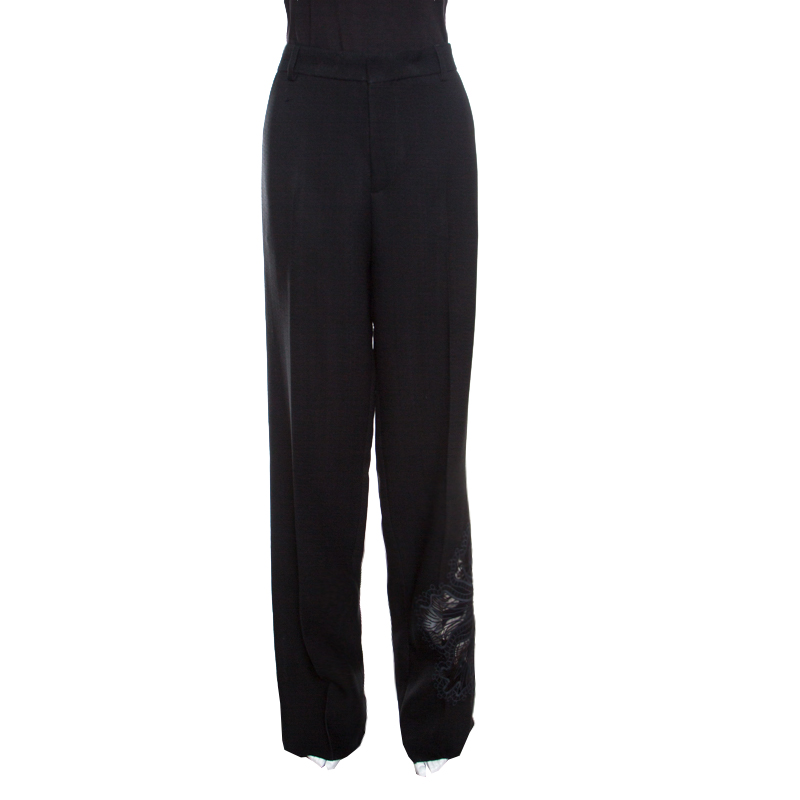 Image of Rochas Black Floral Embroidered Mesh Detail Tailored Trousers XL