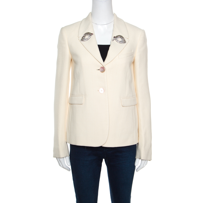 Rochas cream embellished eye motif detail two button blazer m