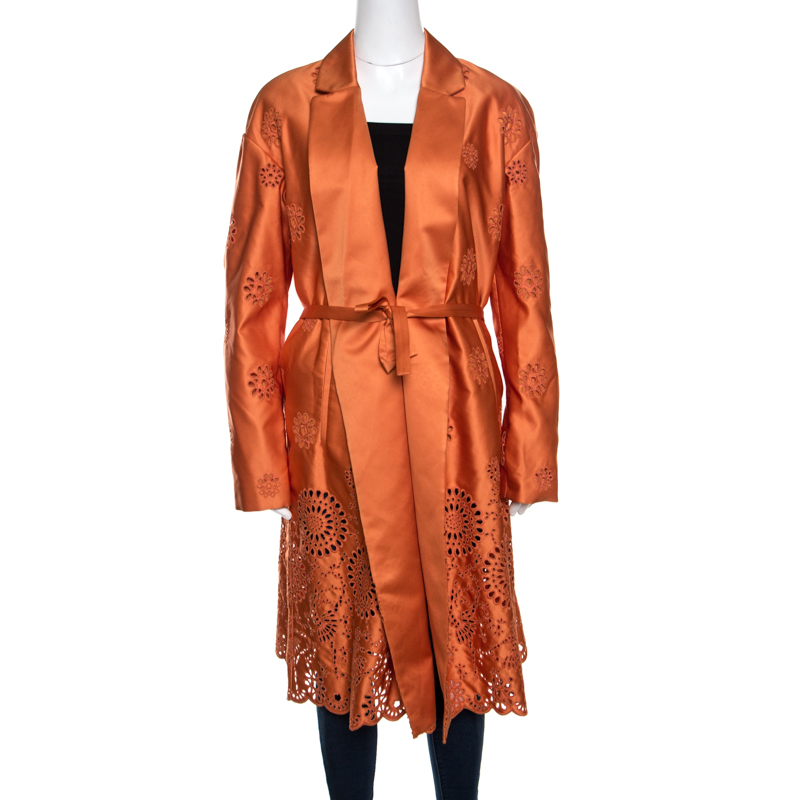 Image of Rochas Orange San Gallo Eyelet Embroidered Duchesse Satin Belted Overcoat L