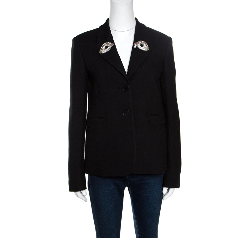Image of Rochas Black Embellished Eye Motif Detail Two Button Blazer L