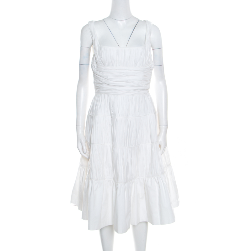 Image of Rochas White Ruched Cotton Square Neck Paneled A Line Dress L