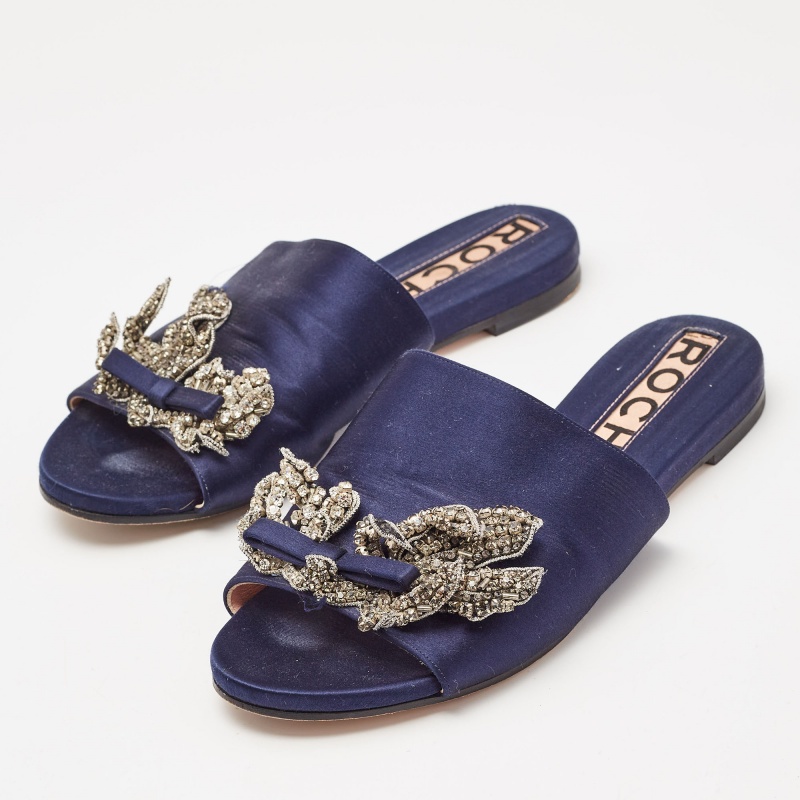 Rochas Navy Blue Satin Crystal Embellished Bow Slide Flat Sandals Size 38