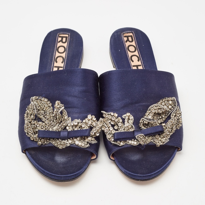 Rochas Navy Blue Satin Crystal Embellished Bow Slide Flat Sandals Size 38