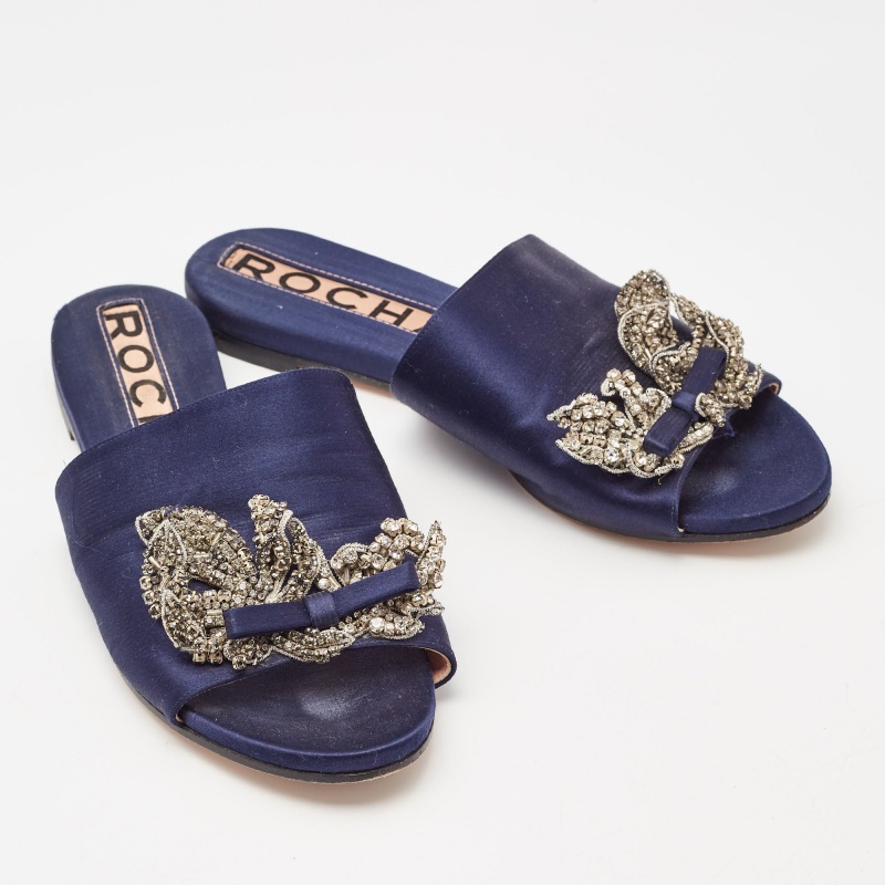 Rochas Navy Blue Satin Crystal Embellished Bow Slide Flat Sandals Size 38