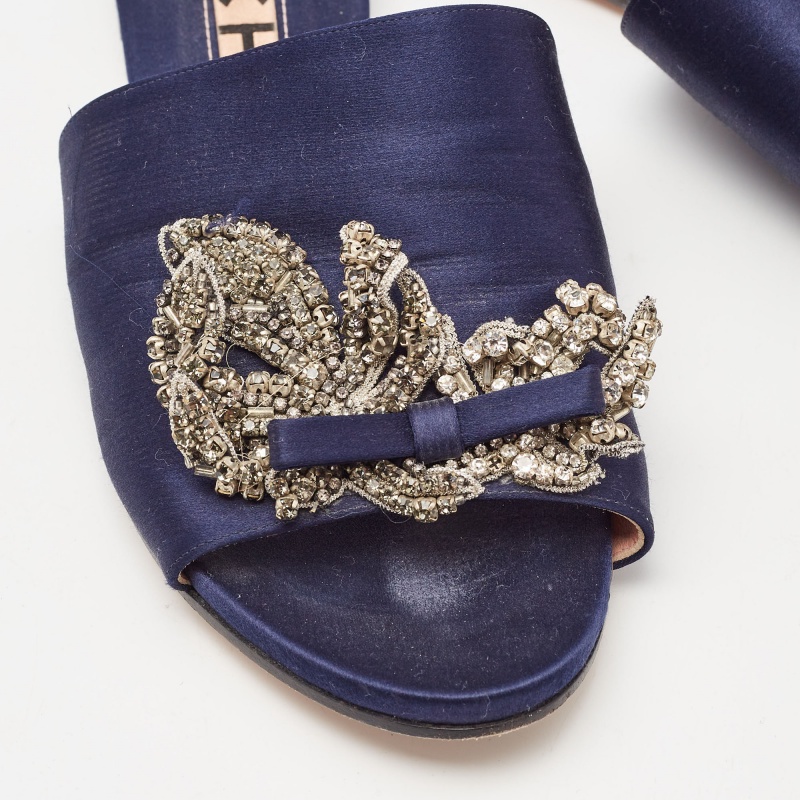 Rochas Navy Blue Satin Crystal Embellished Bow Slide Flat Sandals Size 38