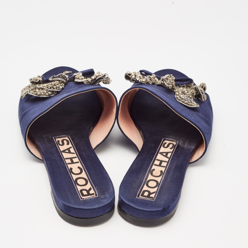 Rochas Navy Blue Satin Crystal Embellished Bow Slide Flat Sandals Size 38