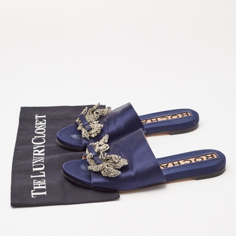 Rochas Navy Blue Satin Crystal Embellished Bow Slide Flat Sandals Size 38