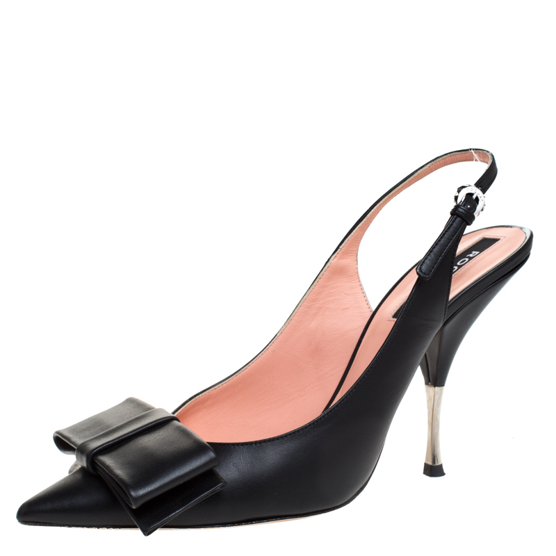 Image of Rochas Black Leather Bow Slingback Sandals Size