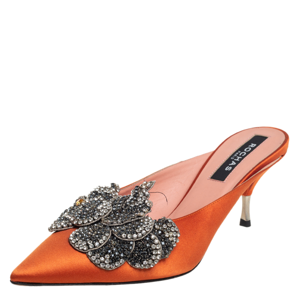 Rochas Orange Satin Crystal Embellishment Mule Sandals Size 39