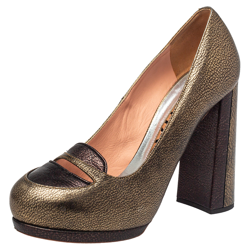 Rochas metallic bronze/brown leather block heel loafer pumps size 39