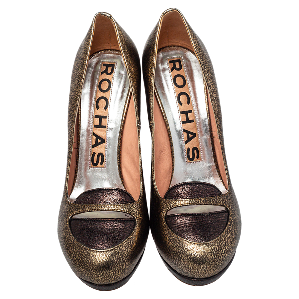 Rochas Metallic Bronze/Brown Leather Block Heel Loafer Pumps Size 39