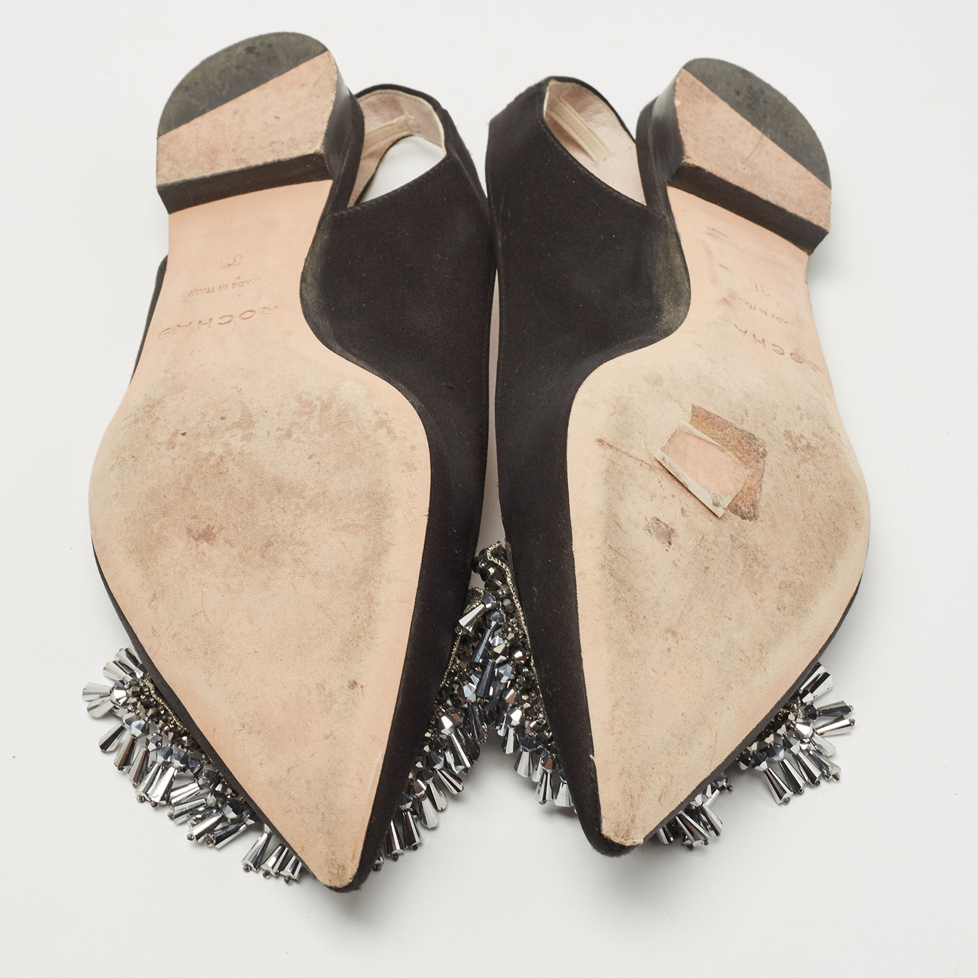 Rochas Black Satin Crystal Embellished Flat Slingback  Sandals Size 36