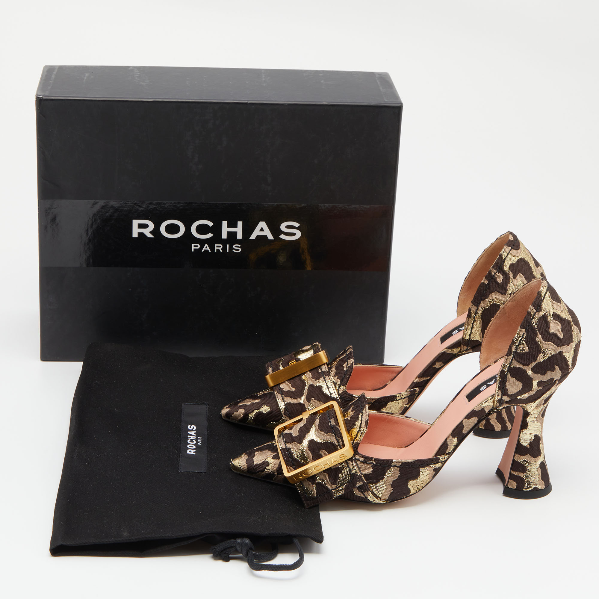 Rochas Brown/Gold Leopard Brocade Fabric Dorsay Pumps Size 37.5