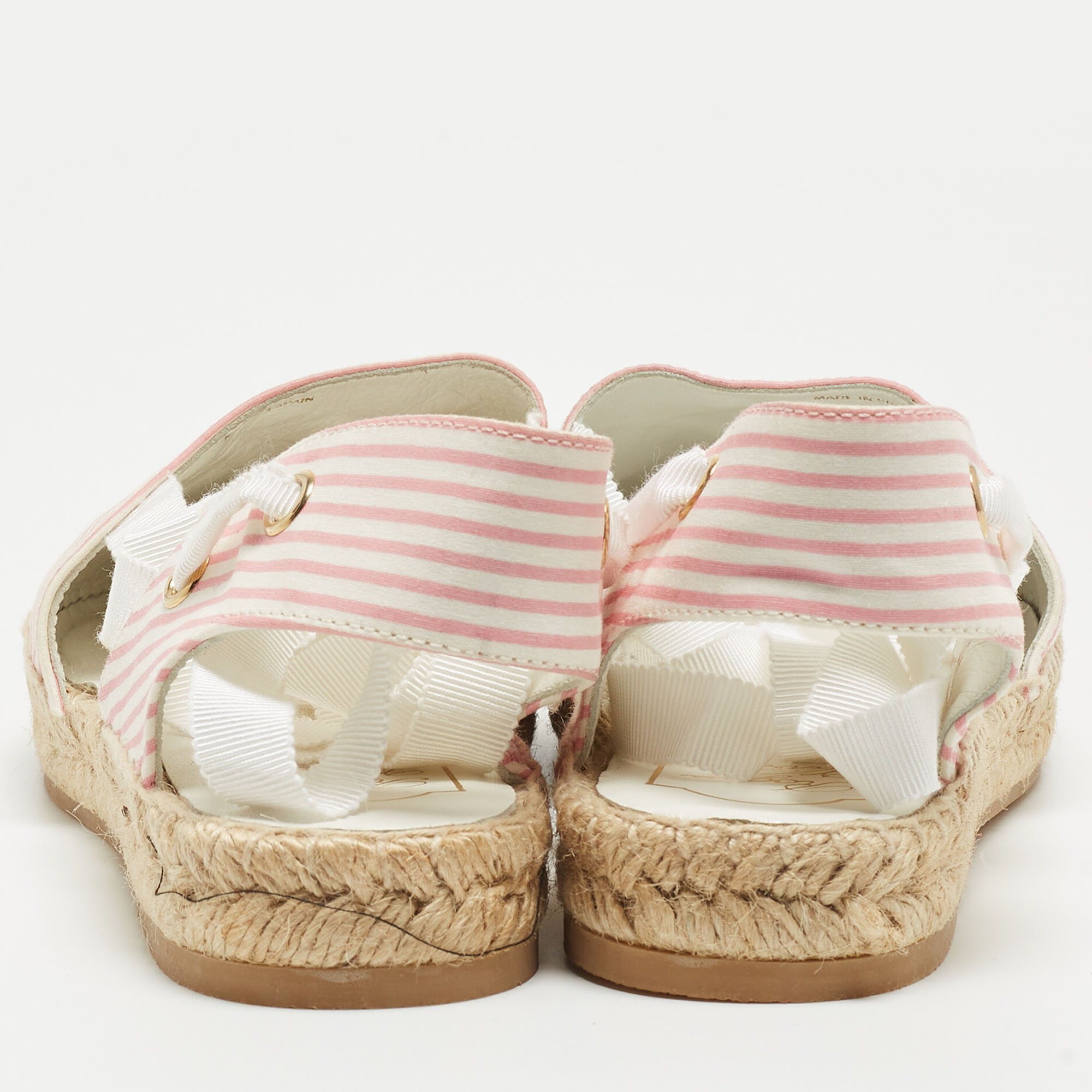 Roger Vivier Pink/White Striped Fabric Floral Embroidered Ankle Tie Espadrille Flats Size 40