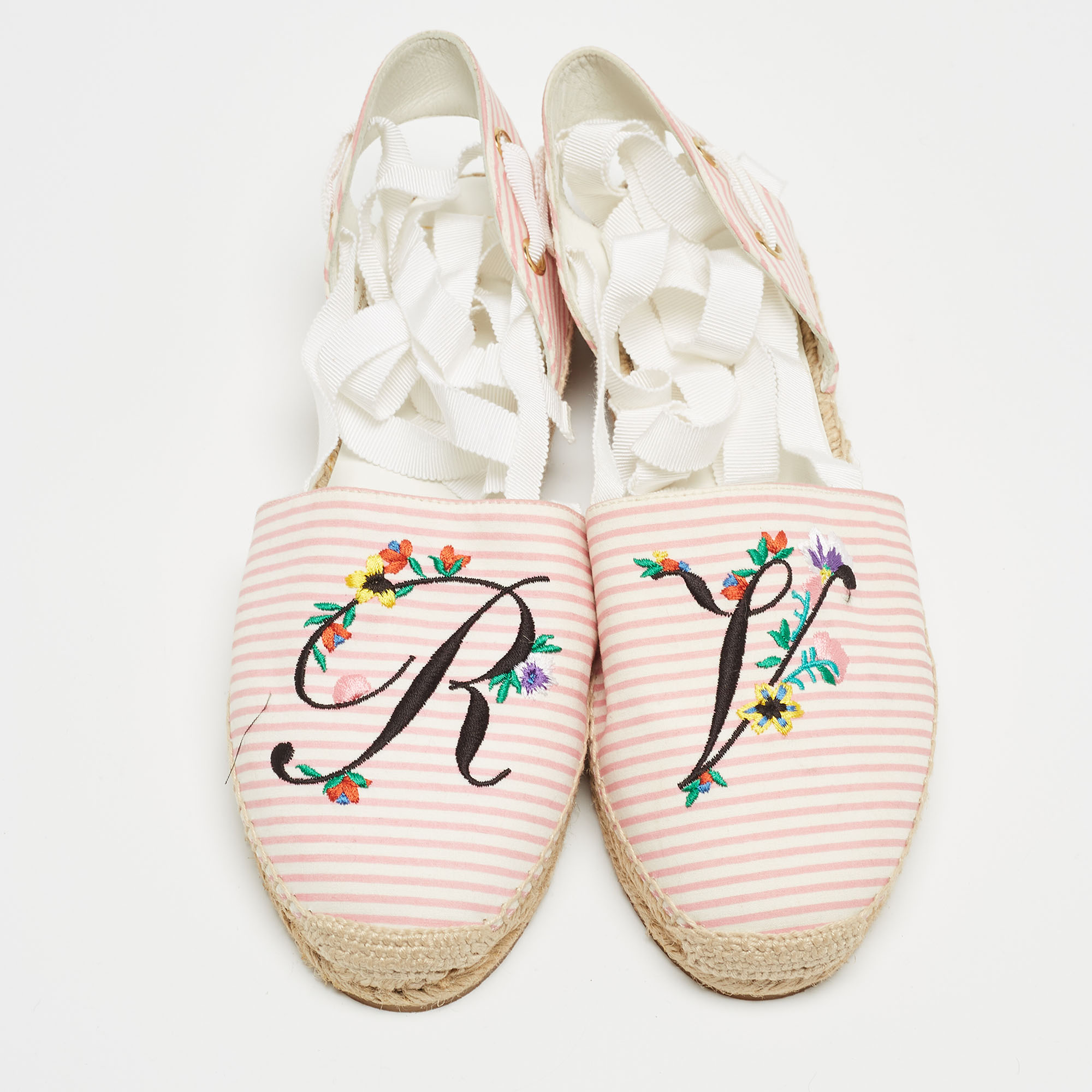 Roger Vivier Pink/White Striped Fabric Floral Embroidered Ankle Tie Espadrille Flats Size 40