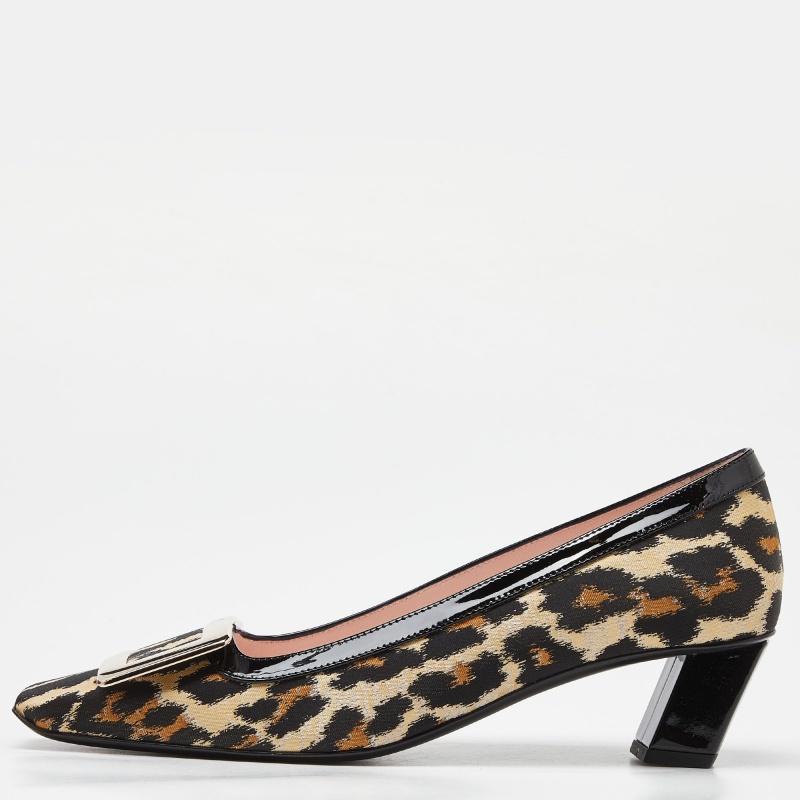 Roger vivier brown/black leopard print canvas and patent leather belle vivier pumps size 38