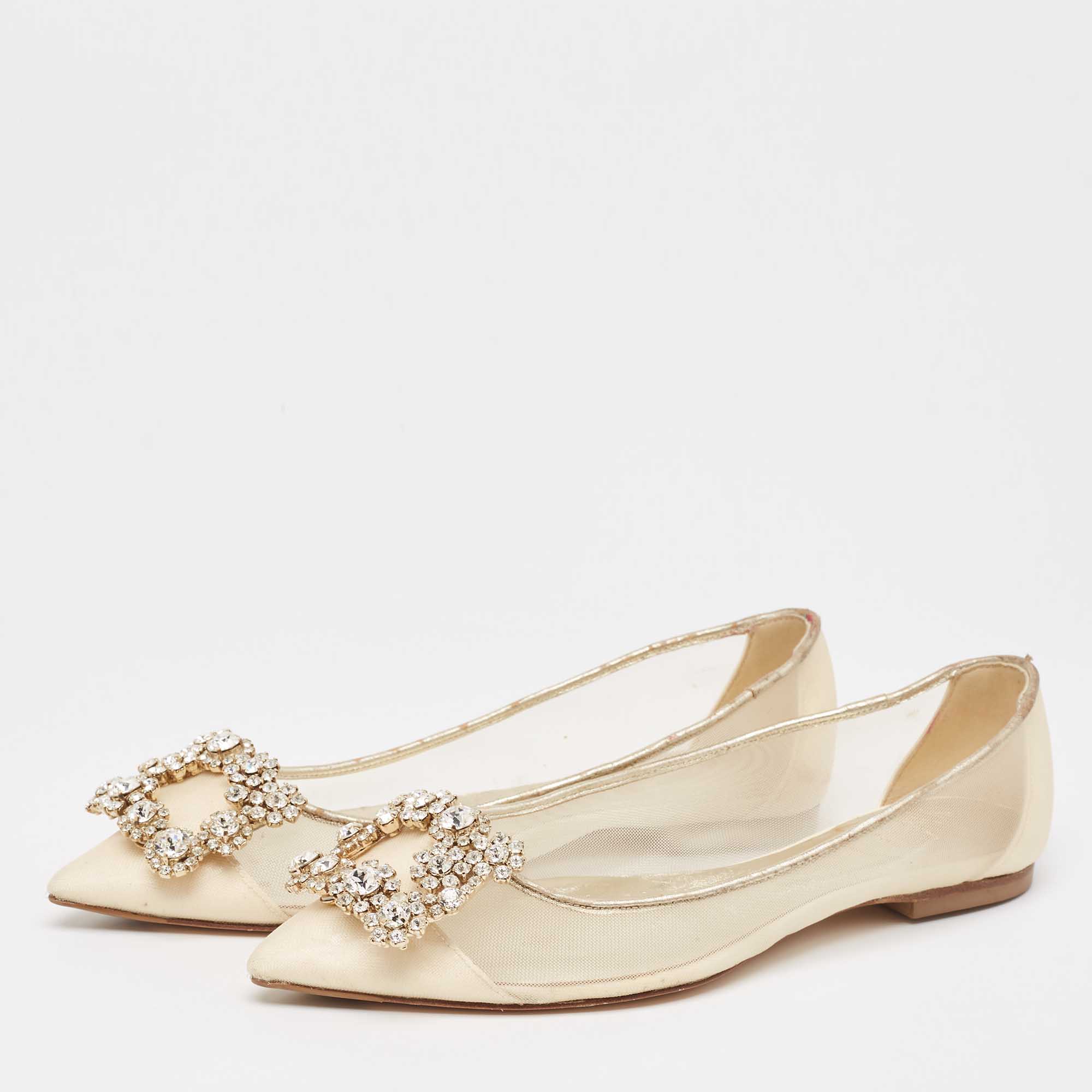 Roger Vivier Beige/Gold Leather And Mesh Crystal Embellished  Ballet Flats Size 34