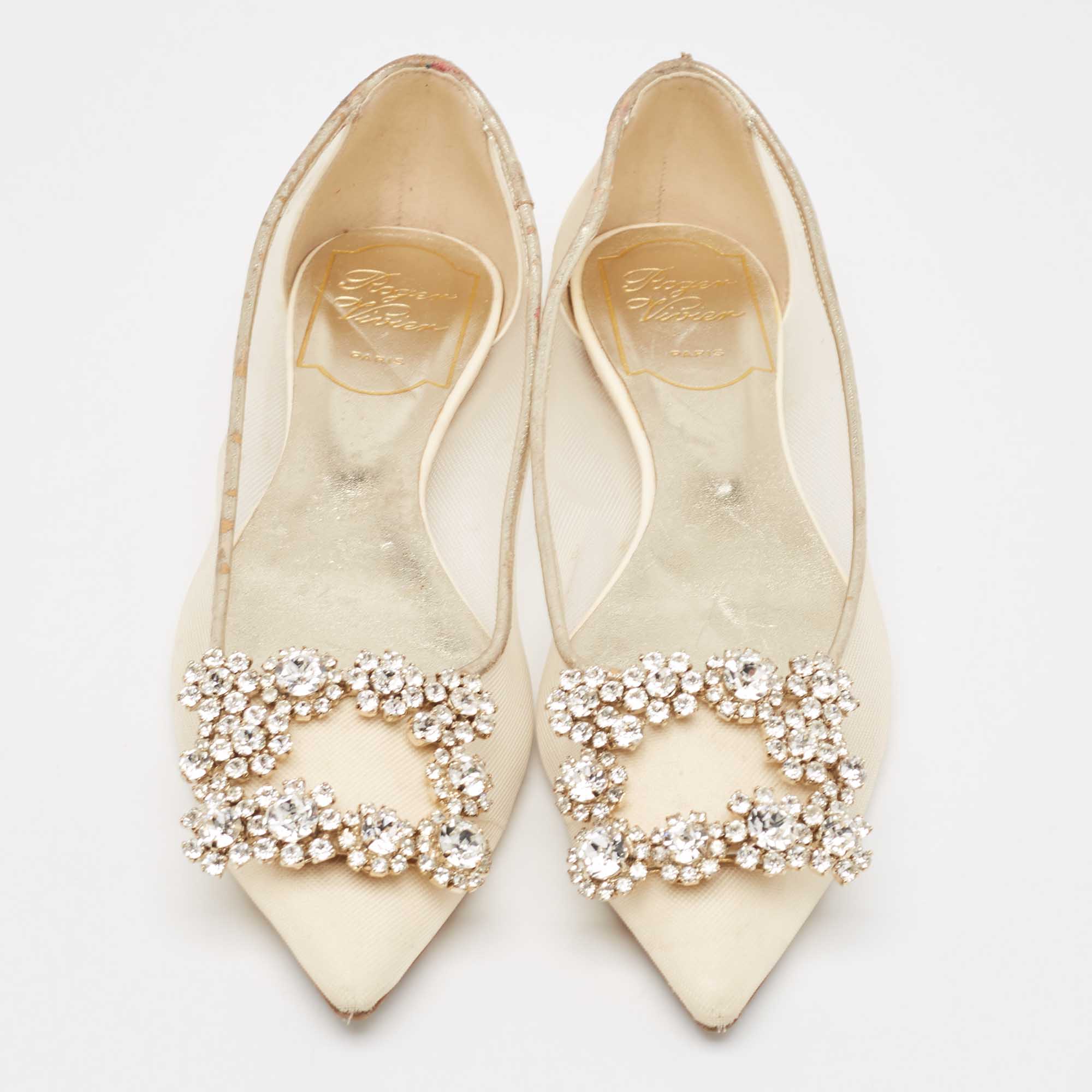 Roger Vivier Beige/Gold Leather And Mesh Crystal Embellished  Ballet Flats Size 34