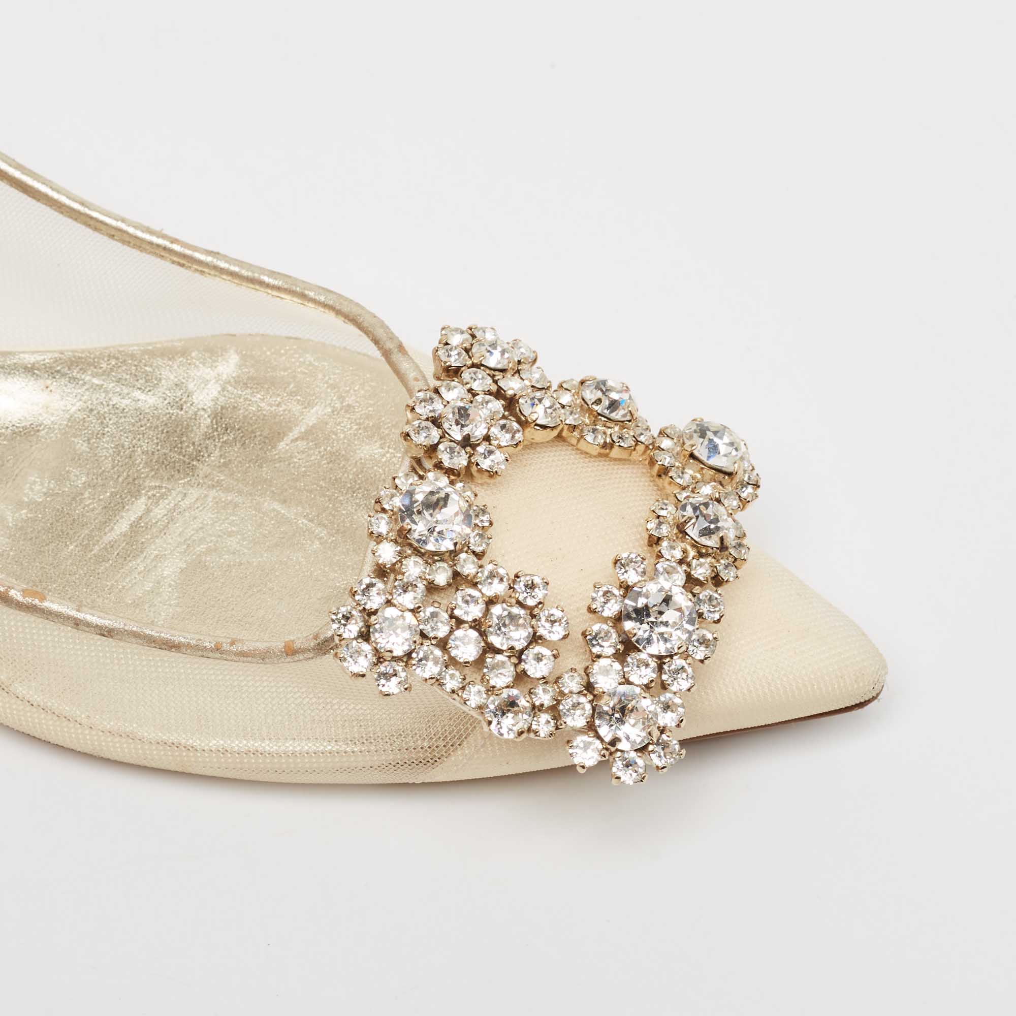 Roger Vivier Beige/Gold Leather And Mesh Crystal Embellished  Ballet Flats Size 34