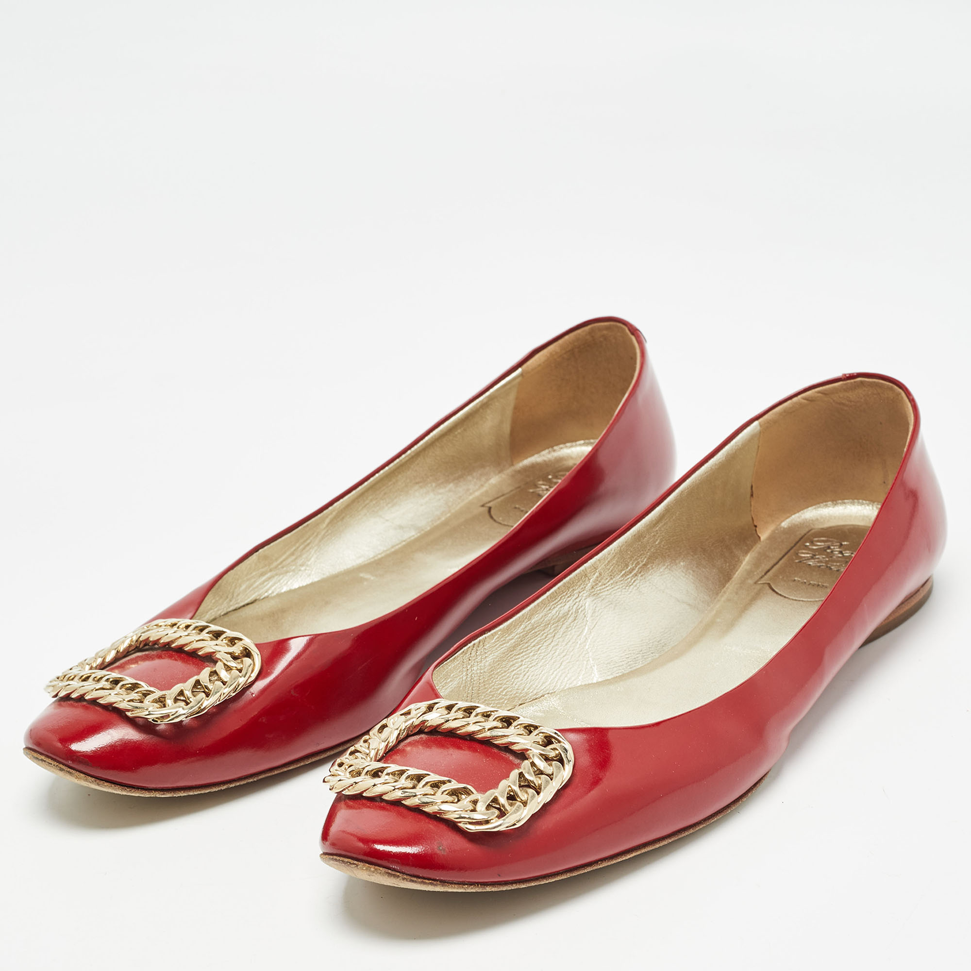 Roger Vivier Dark Red Patent Leather Chain Buckle Ballet Flats Size 40.5