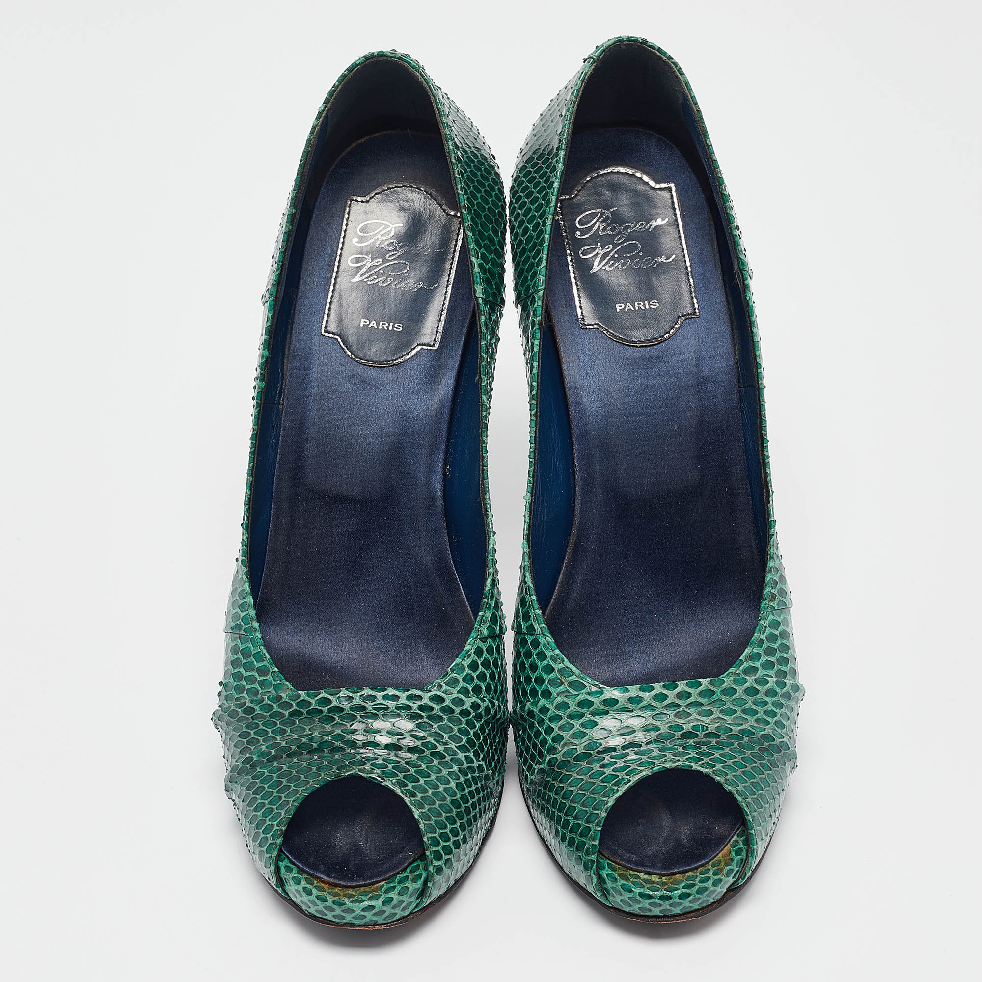 Roger Vivier Green Snakeskin Leather Peep Toe Pumps Size 37.5