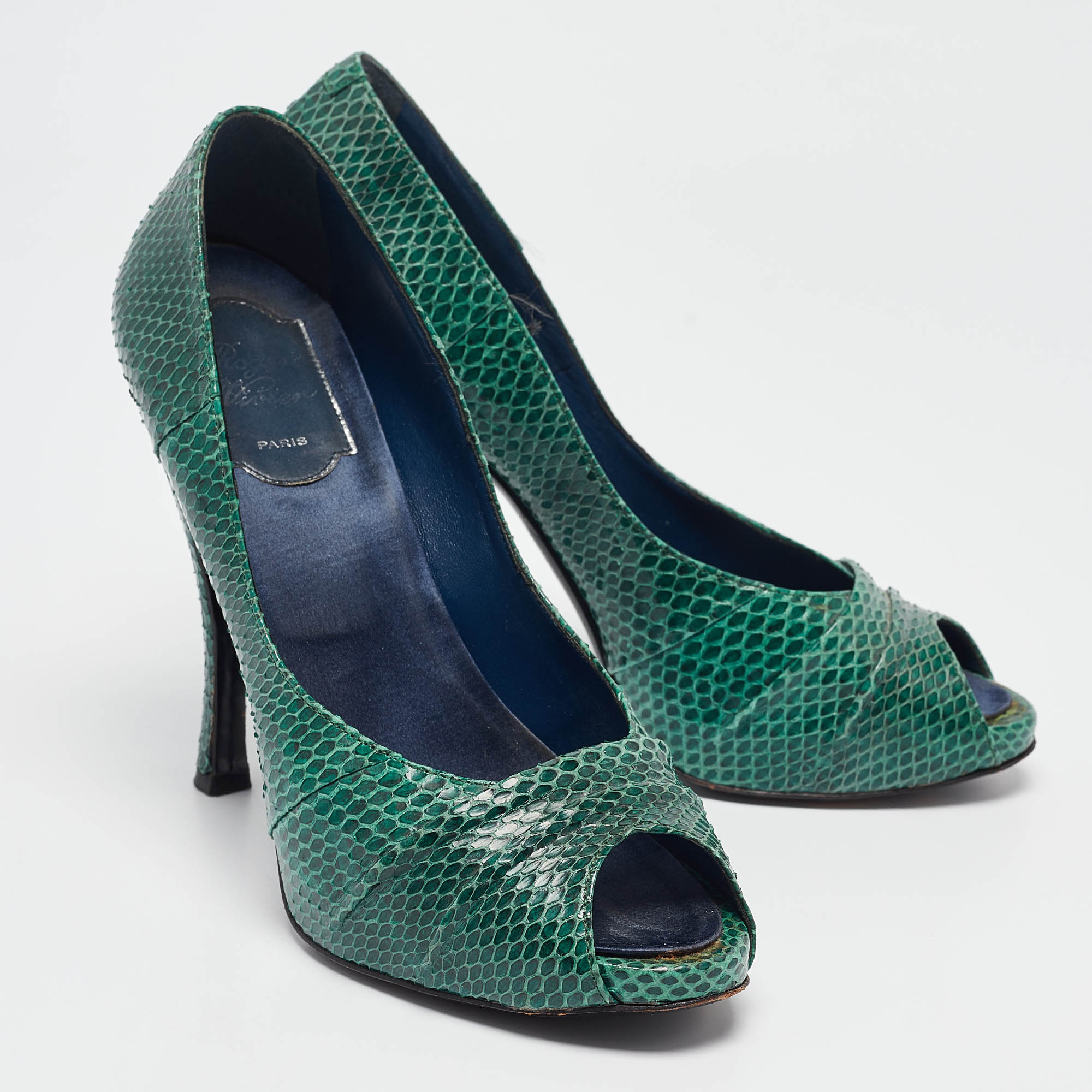 Roger Vivier Green Snakeskin Leather Peep Toe Pumps Size 37.5