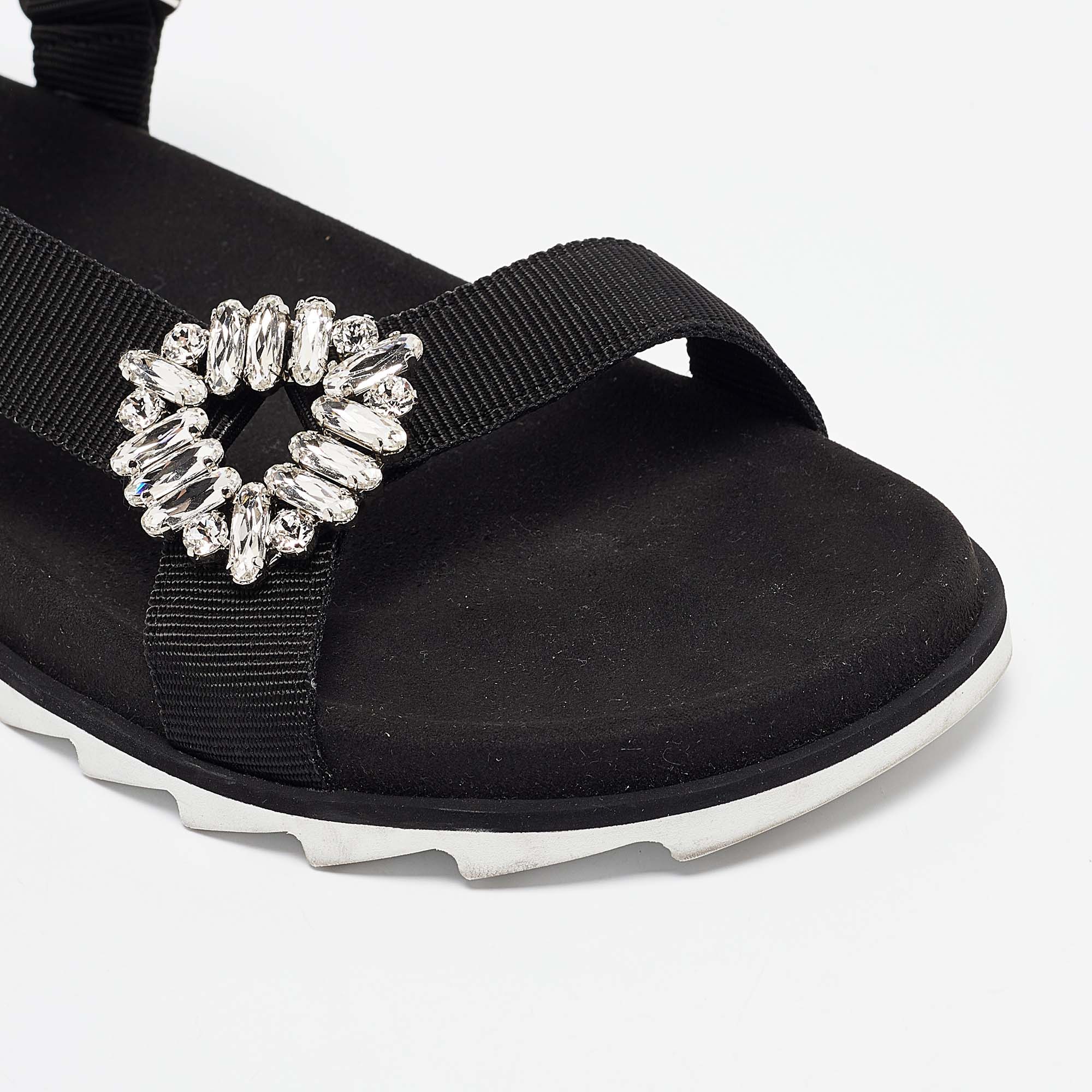 Roger Vivier Black Canvas Crystal Embellished Flat Sandals Size  41