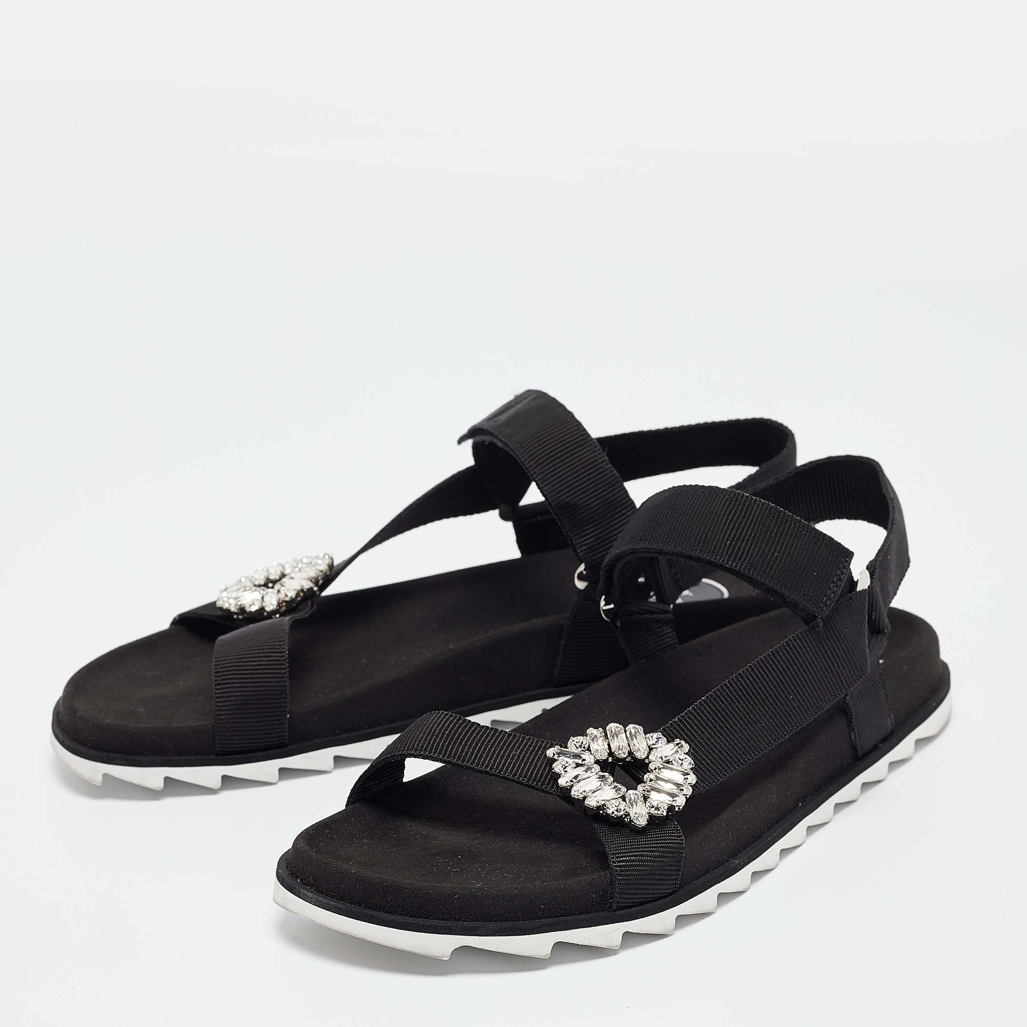 Roger Vivier Black Canvas Crystal Embellished Flat Sandals Size  41