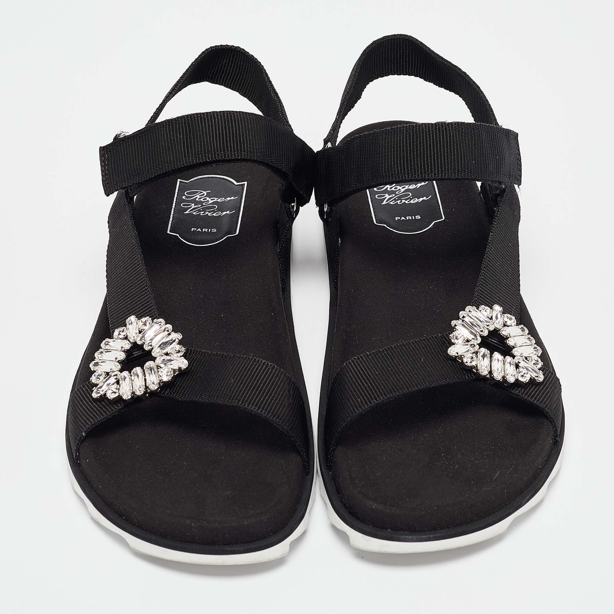 Roger Vivier Black Canvas Crystal Embellished Flat Sandals Size  41