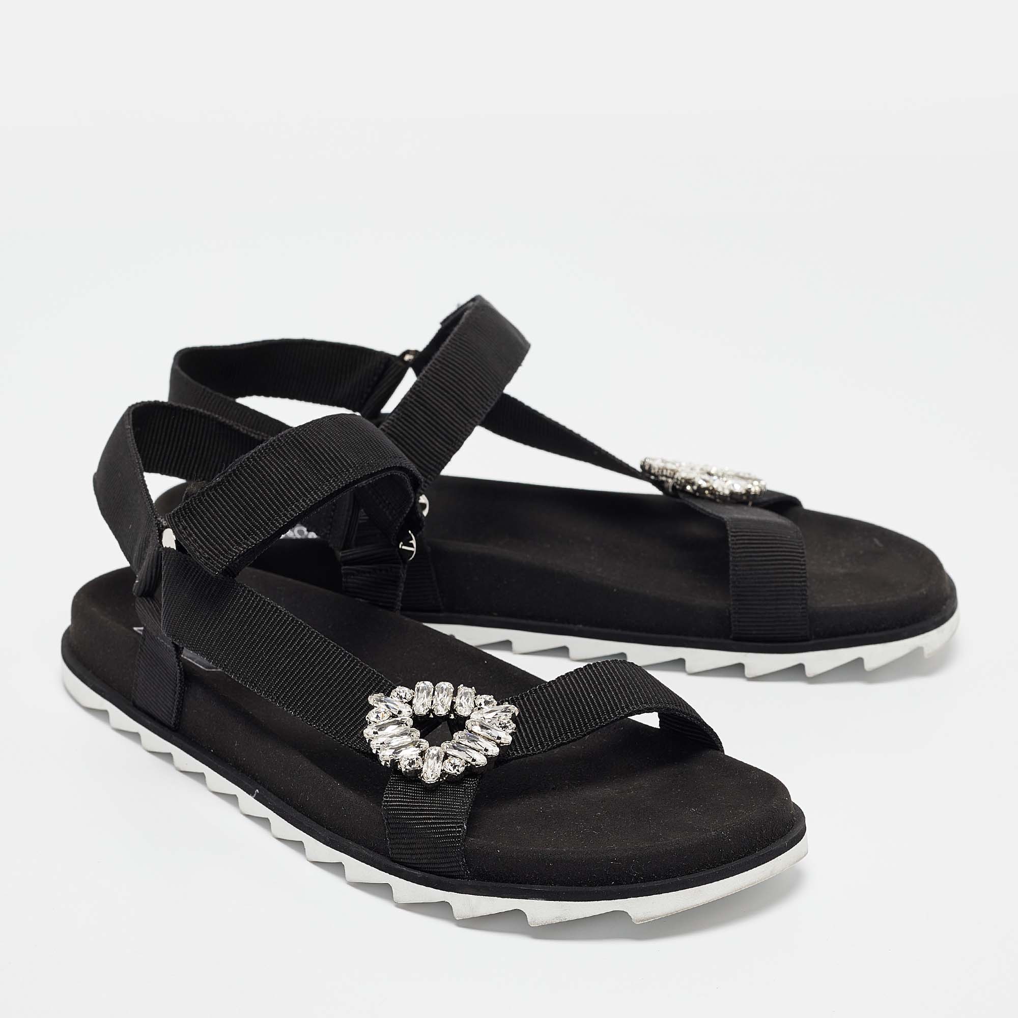 Roger Vivier Black Canvas Crystal Embellished Flat Sandals Size  41