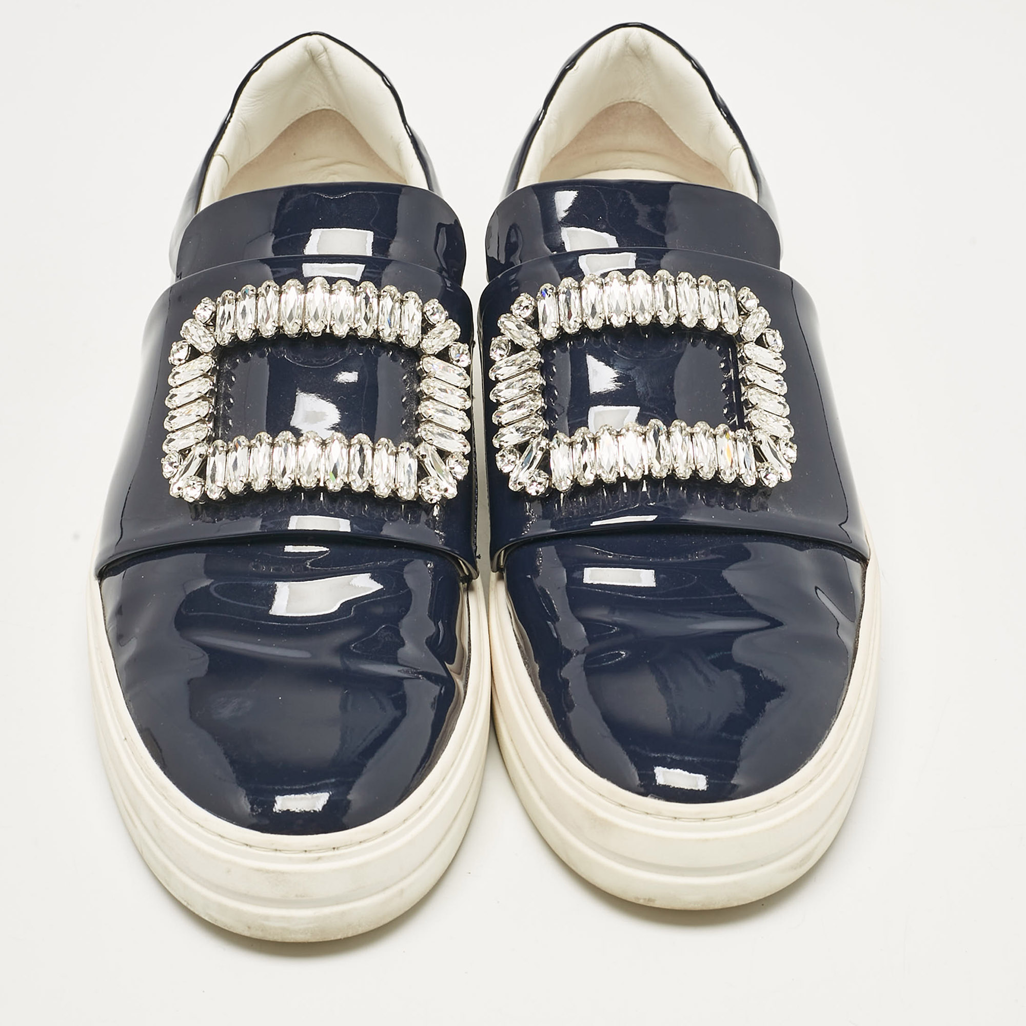 Roger Vivier Navy Blue Patent  Viv Crystal Embellished Sneakers Size 41