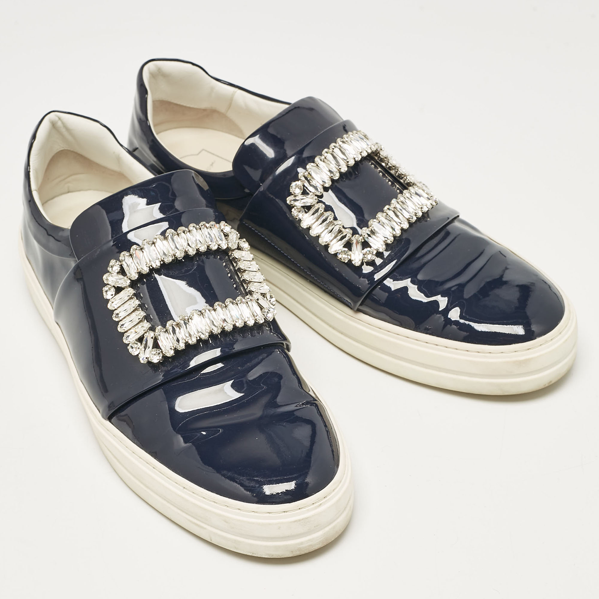 Roger Vivier Navy Blue Patent  Viv Crystal Embellished Sneakers Size 41