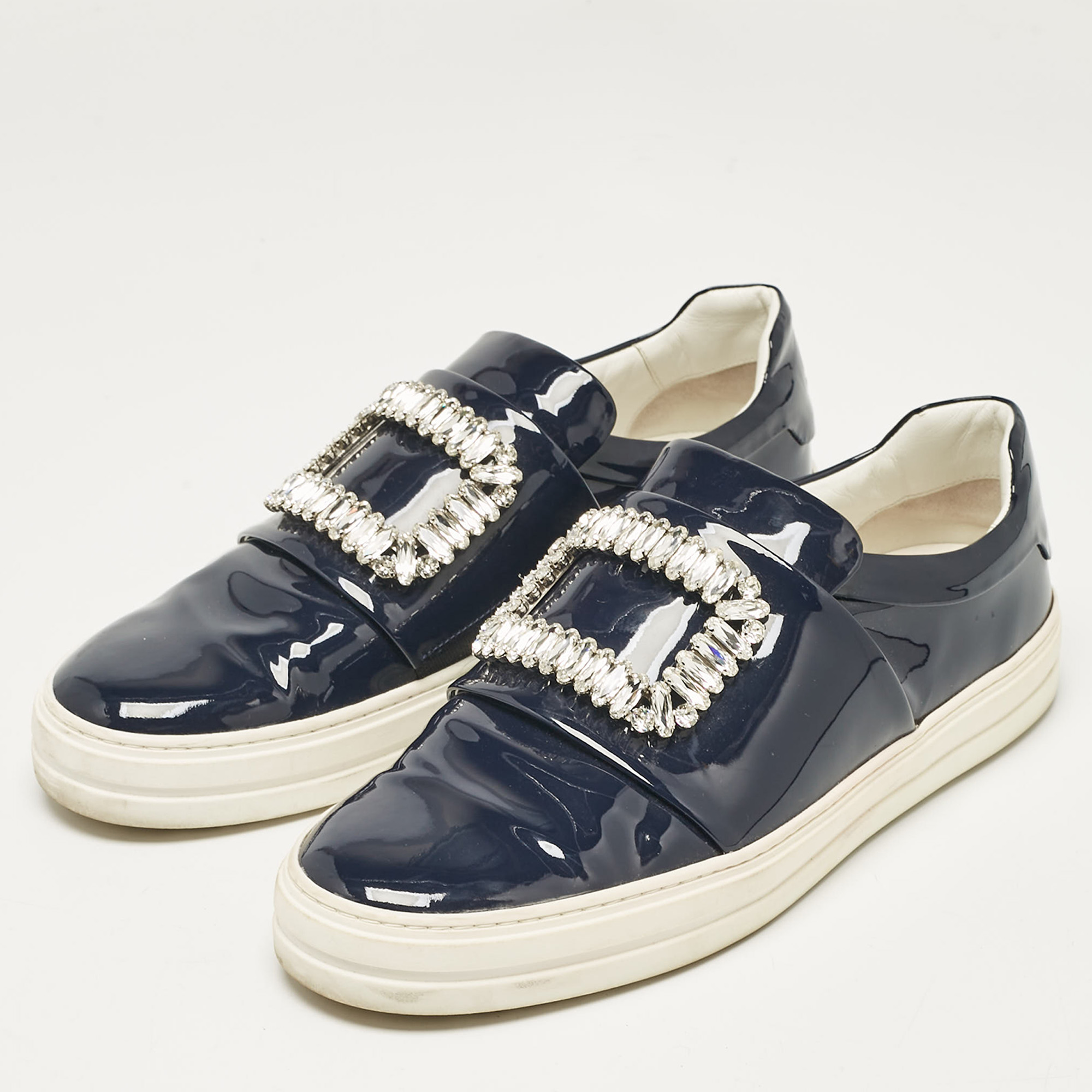 Roger Vivier Navy Blue Patent  Viv Crystal Embellished Sneakers Size 41