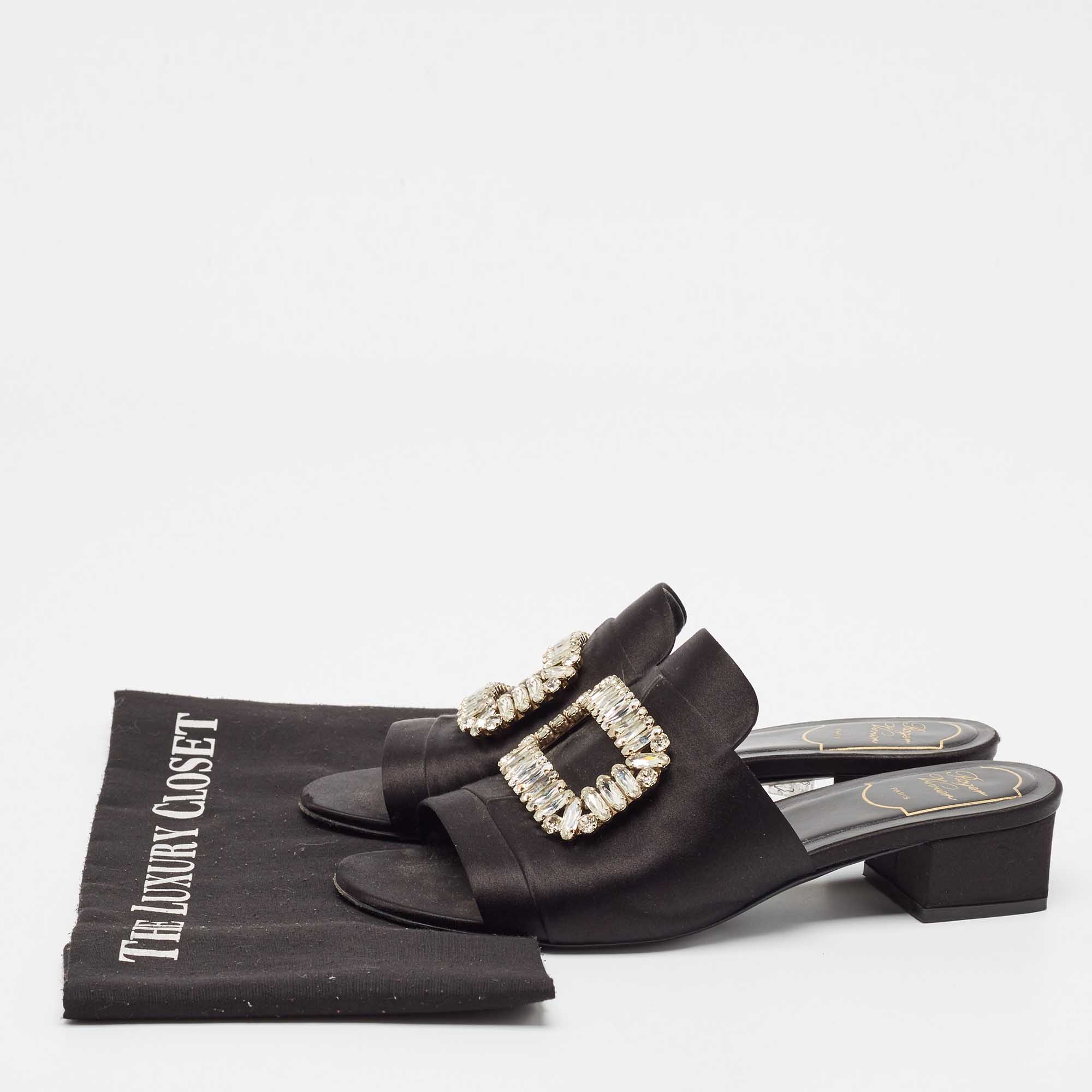 Roger Vivier Black Satin Crystal Embellished Slide Sandals Size 38