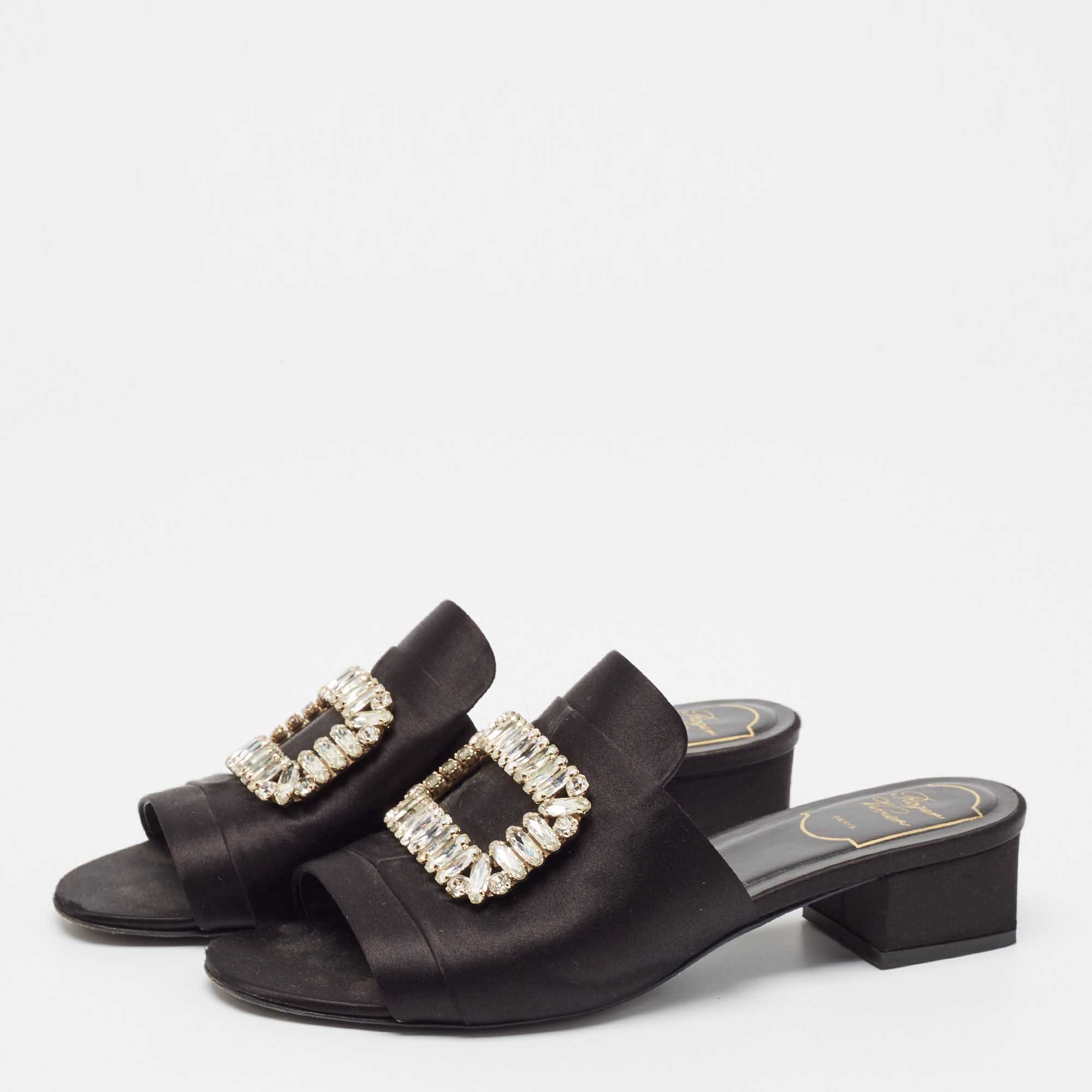 Roger Vivier Black Satin Crystal Embellished Slide Sandals Size 38