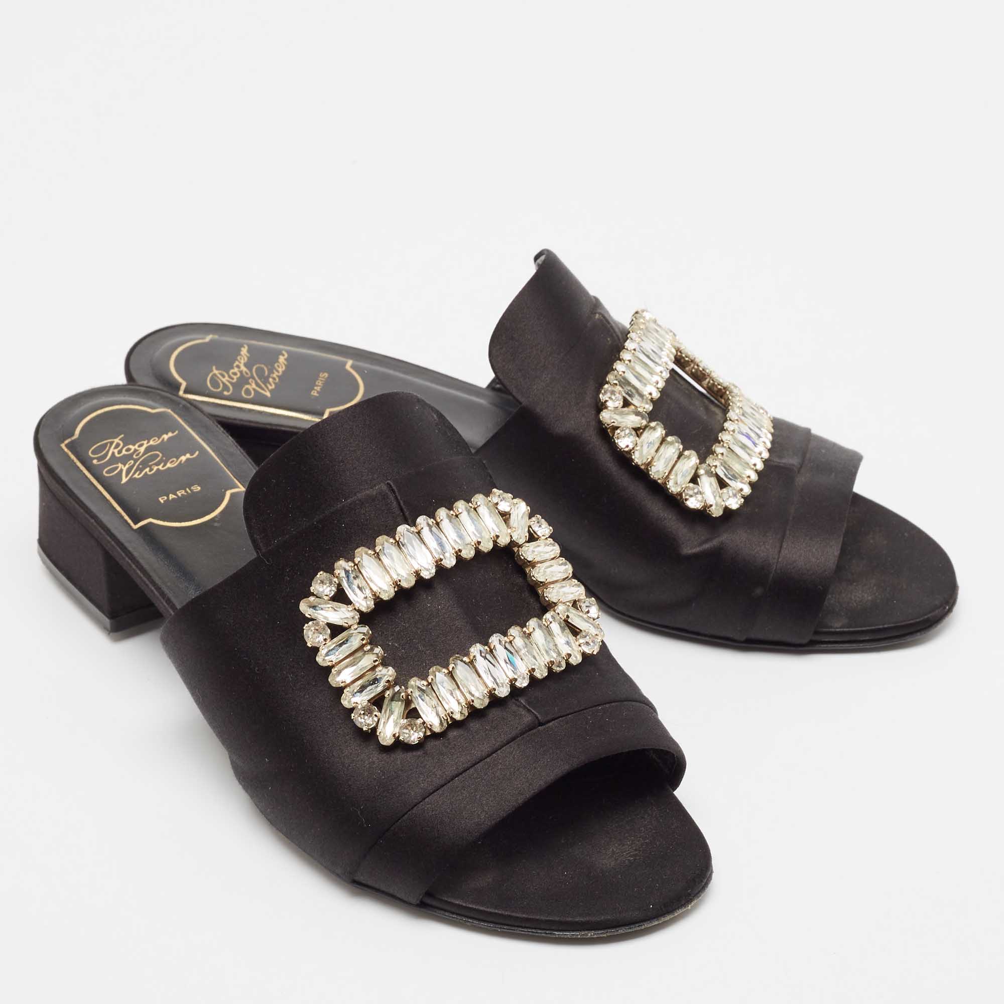 Roger Vivier Black Satin Crystal Embellished Slide Sandals Size 38