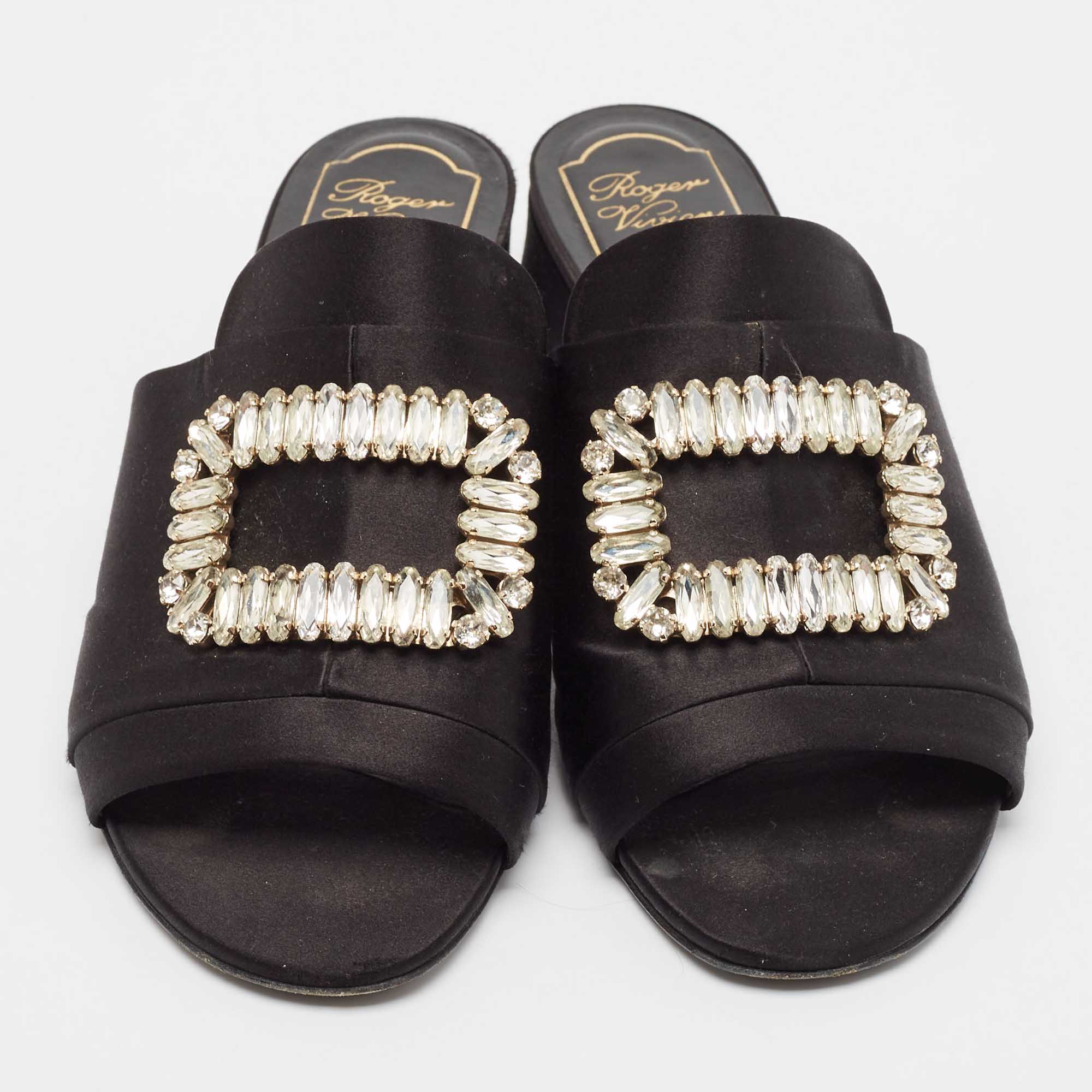 Roger Vivier Black Satin Crystal Embellished Slide Sandals Size 38