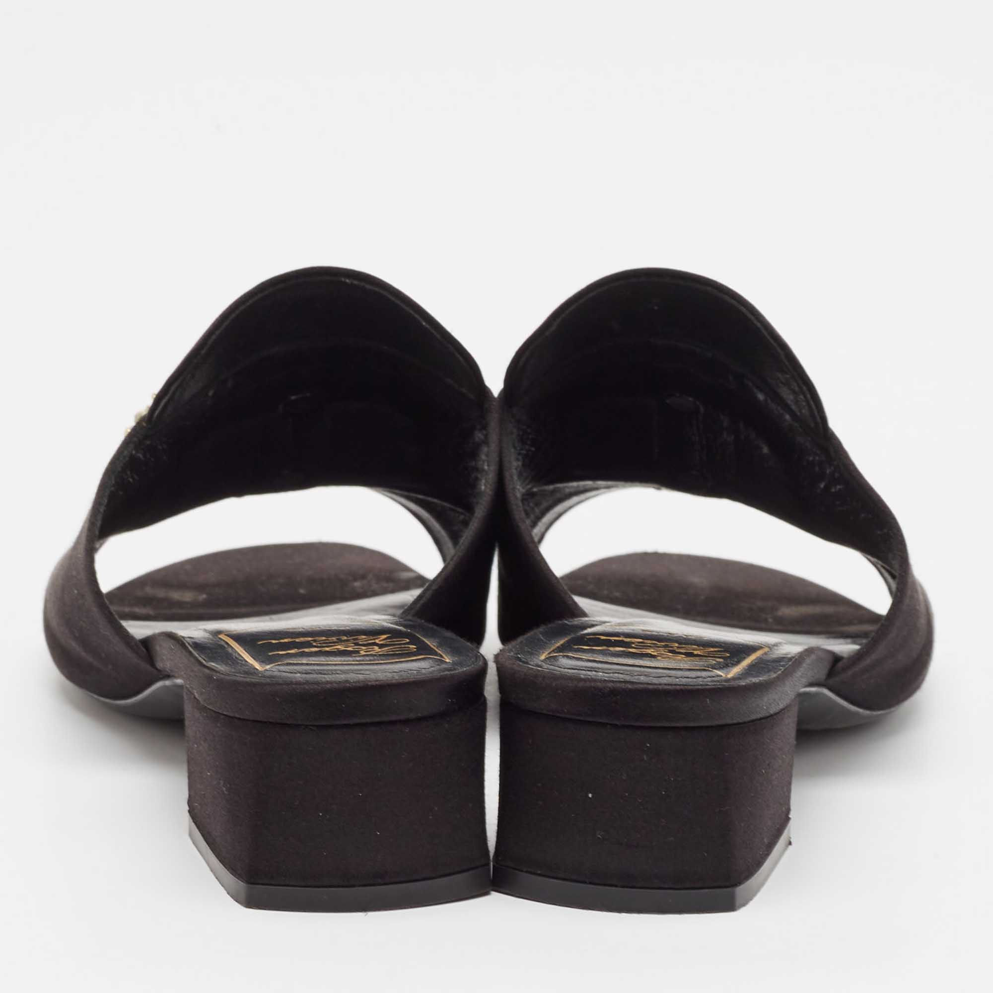 Roger Vivier Black Satin Crystal Embellished Slide Sandals Size 38