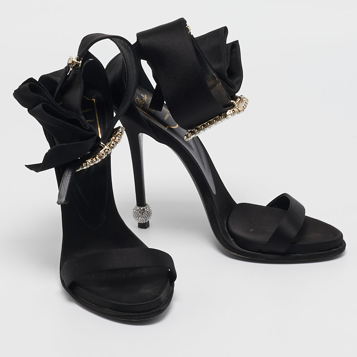 Roger Vivier Black Satin Crystal Embellished Buckle Bow Ankle Strap Sandals Size 40