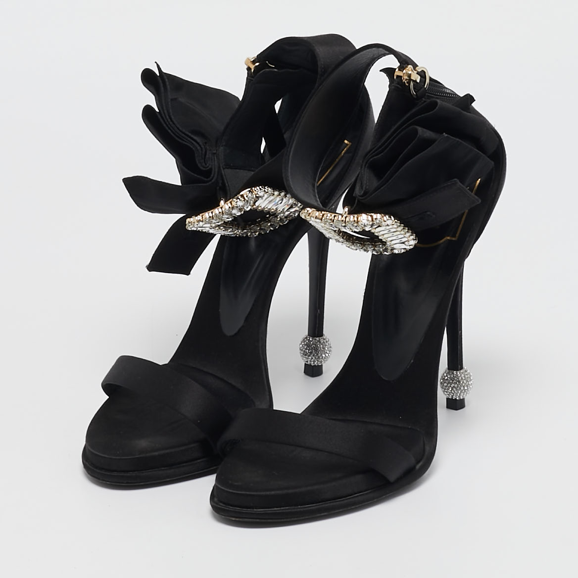 Roger Vivier Black Satin Crystal Embellished Buckle Bow Ankle Strap Sandals Size 40