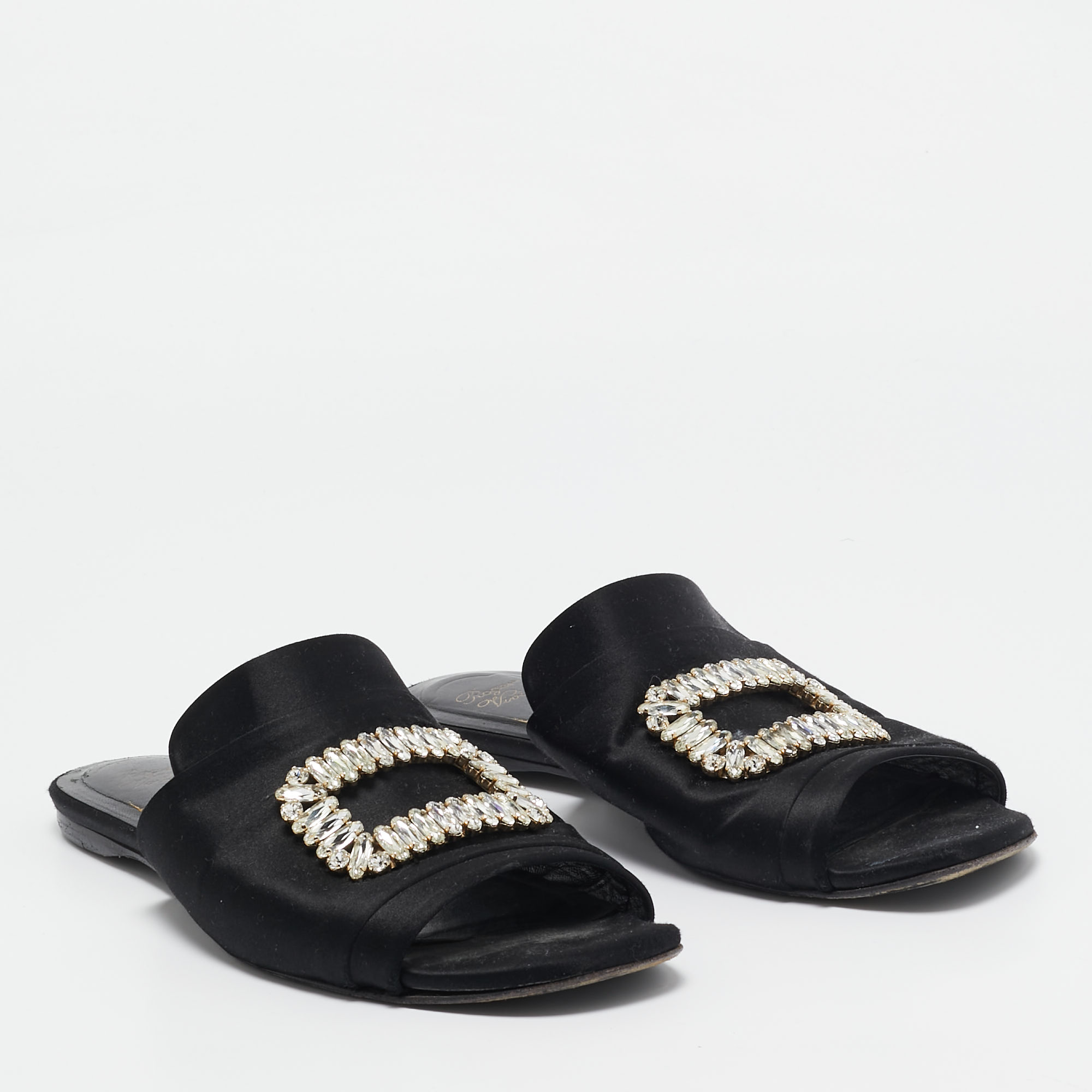 Roger Vivier Black Satin Crystal Embellished Flat Mules Size 40