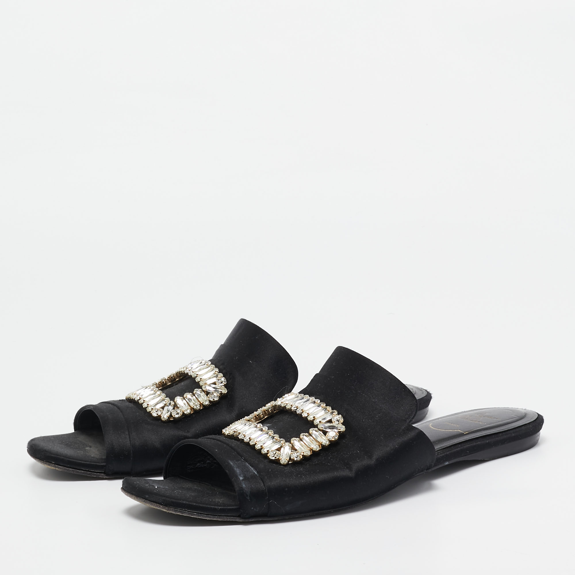 Roger Vivier Black Satin Crystal Embellished Flat Mules Size 40